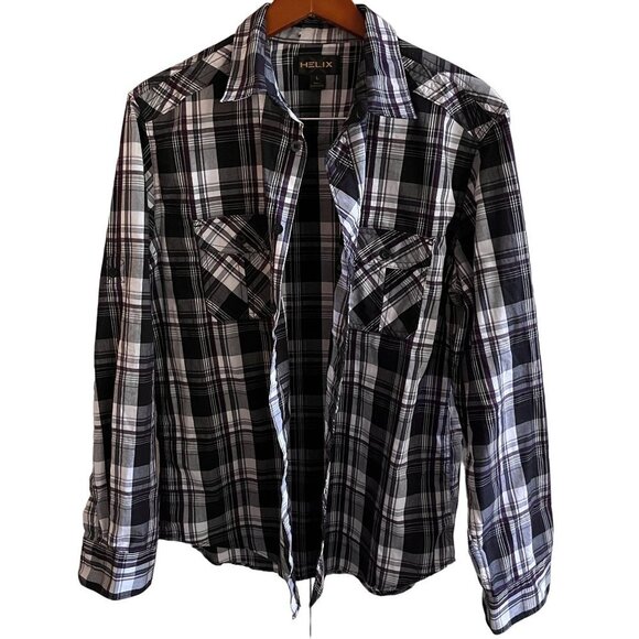 Helix Button Up Shirt Mens L Black White Checkered Plaid Western‎ Roll Up Cuffs - Picture 1 of 12